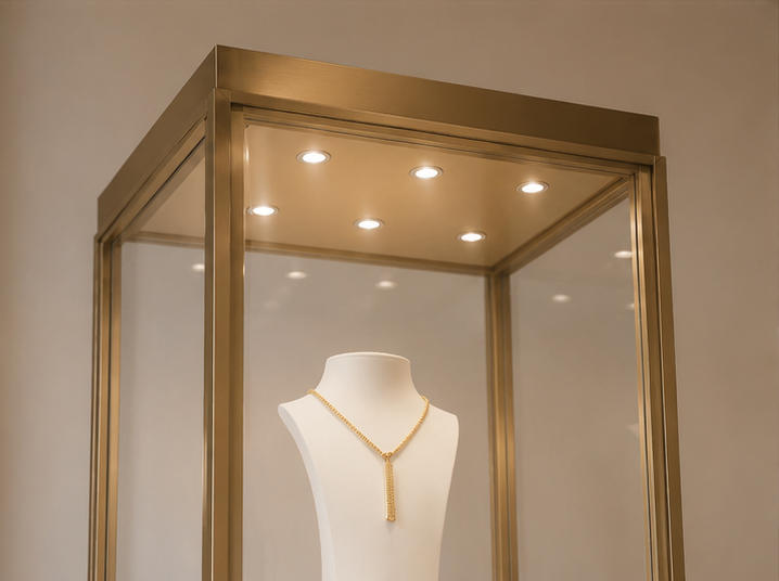 Gold Pedestal Jewelry Display Case | Jewelry-Style Showcase 9 LED lighting effect of pedestal jewelry showcase